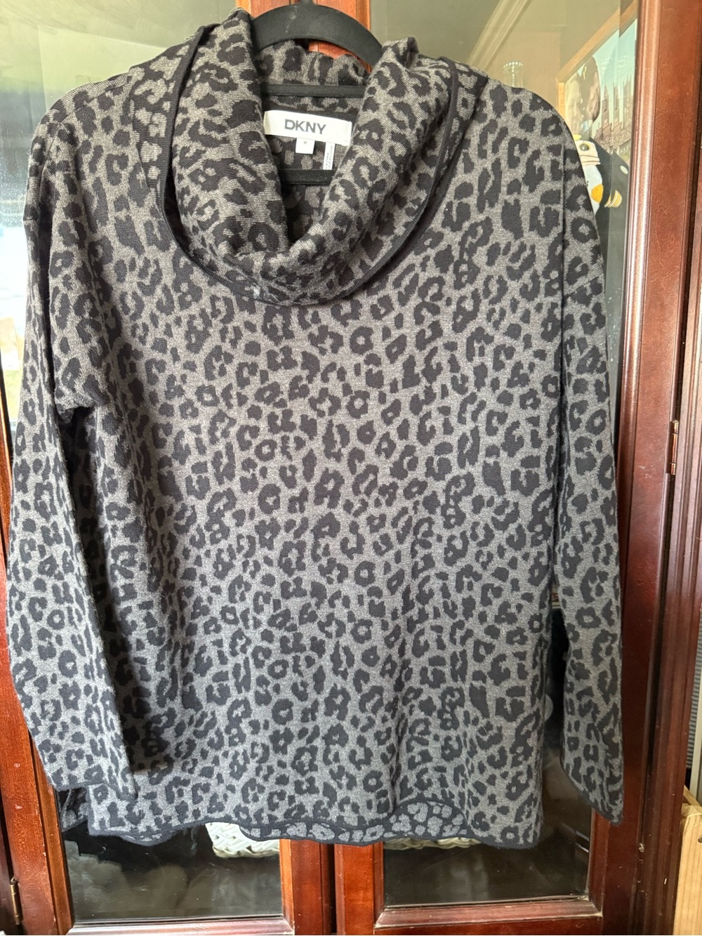 DKNY Gray & Charcoal Leopard Cowl Neck Sweater